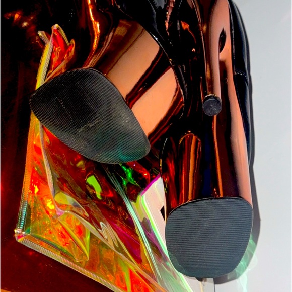 Pleaser Flamingo black Patent Platform Boots lace up sz. 6 Rose Gold 8” stiletto - Picture 8 of 12